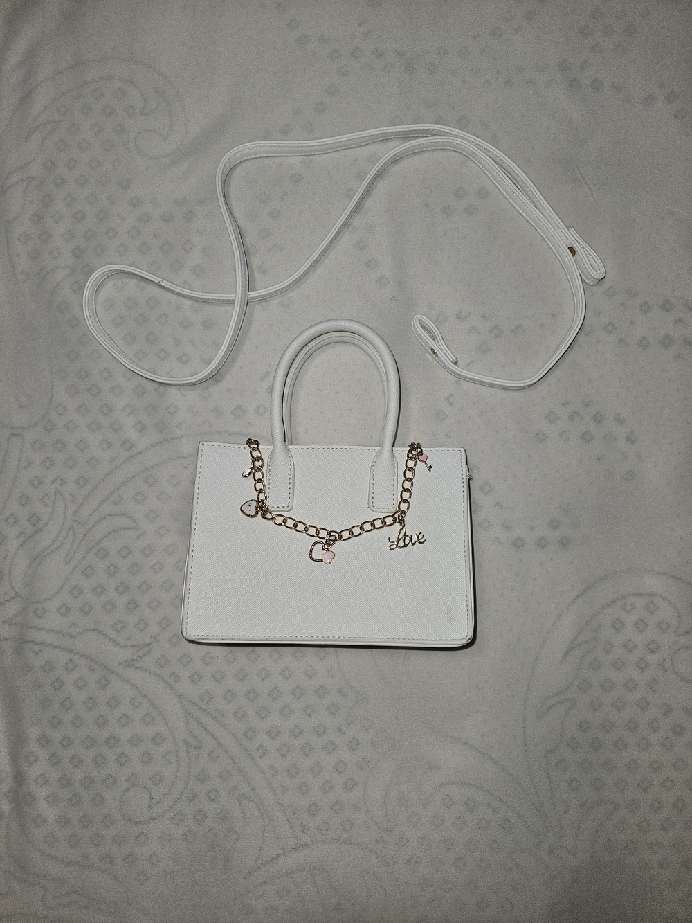 LIKE DREAMS White Mini Crossbody Bag Gold Love Chain Heart Charm Handbag